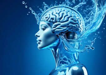 Wall Mural - 3d rendering of human head with brain and water splash on blue background