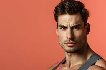 Wall Mural - close-up of a fit, muscular man confidently presenting against a solid color background, emphasizing