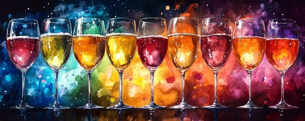 Colorful glasses filled with various beverages, illuminated against a vibrant, abstract background, perfect for celebration themes.