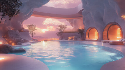 Poster - A beautiful pool with a sunset in the background. The pool is surrounded by rocks and trees