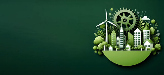 Green cityscape with wind turbines and eco-friendly buildings, promoting sustainability and environmental awareness with ample copyspace.