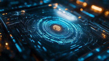 Fototapete - Futuristic glowing blue and orange circuit board.