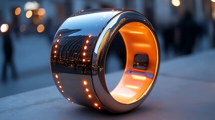 Canvas Print - Futuristic glowing ring with city reflection.