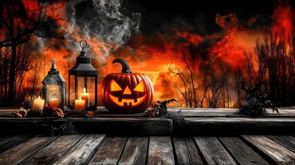 Spooky Halloween night with a Jack O' Lantern on wooden planks, surrounded by a lantern and candle, with dark dead trees silhouetted against the black and orange sky