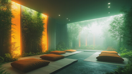 Poster - A room with a lot of green plants and orange pillows. The room is dimly lit and has a peaceful atmosphere