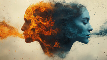 Poster - Two women with fire in their eyes. One is blue and the other is red. The fire is blowing smoke into their faces