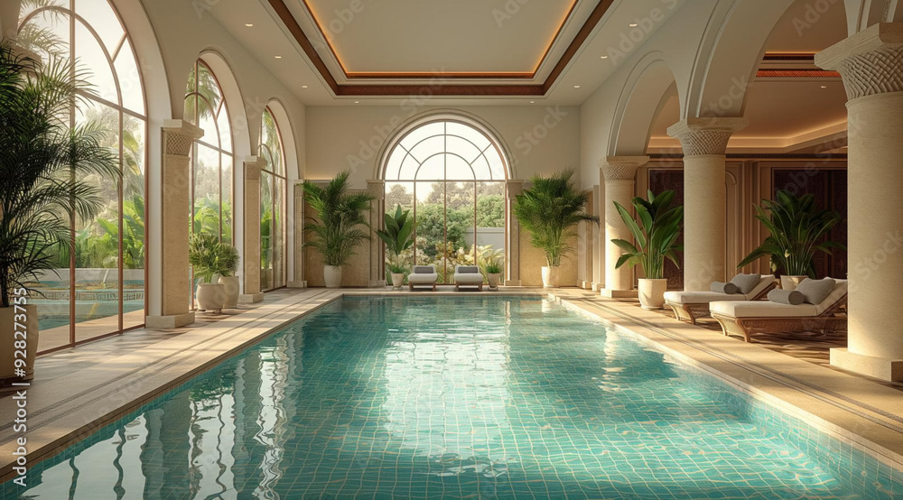 Dgs Pool Spa pool with loungers in a room with panoramic windows and columns ...