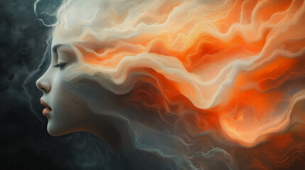 Poster - A woman's face is shown with a long, orange hair. The hair is flowing and he is made of fire. The image has a dreamy, surreal quality to it