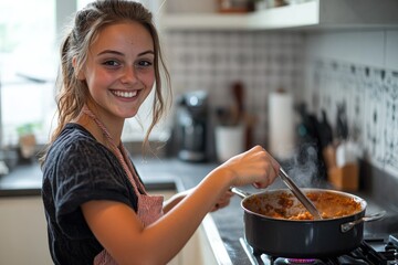 A young woman with a joyful smile, cooking in a modern kitchen, stirring a pot on the stove, enjoying the process of creating a delicious homemade meal