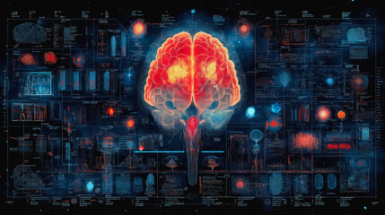 Poster - A brain is shown in a computer monitor with many other images of brains. The brain is red and surrounded by a blue background. Concept of the complexity and interconnectedness of the human brain
