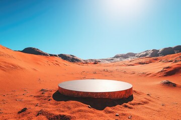 An isolated podium in the middle of Mars' red dunes, with a bright blue sky, perfect for creative product displays with a sci-fi theme