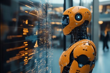 Poster - Futuristic Robot Analyzing Data on Screen.