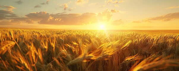 Sticker - Wheat field under a golden sunset, 4K hyperrealistic photo