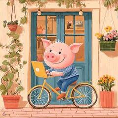 Wall Mural - A cheerful pig riding a bicycle while using a laptop in front of a colorful door.