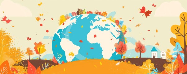 Wall Mural - Globe in autumn, fall themed world, flat design illustration