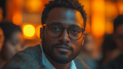 Poster - A man wearing glasses and a jacket is smiling at the camera. The image has a warm and friendly mood
