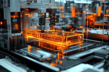 Aufkleber - Futuristic Robotic Assembly Line with Orange Glow.