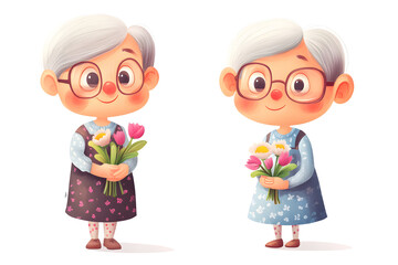 Wall Mural - Grandmother cute cartoon watercolor Illustration collection isolated on white. Cheerful old women in different costumes. 