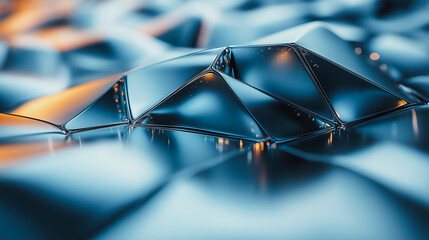 Poster - A shiny, reflective surface with a mountain range in the background. The mountain range is made up of many triangles, and the surface is also made up of many triangles