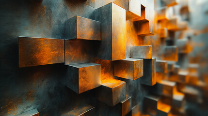 Poster - A wall made of blocks with orange accents. The blocks are arranged in a way that creates a sense of depth and texture. Scene is one of warmth and coziness