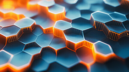 Poster - A computer generated image of a blue and orange hexagonal pattern. The image has a futuristic and abstract feel to it