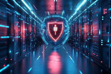 Poster - Futuristic Server Room with Shield Hologram.