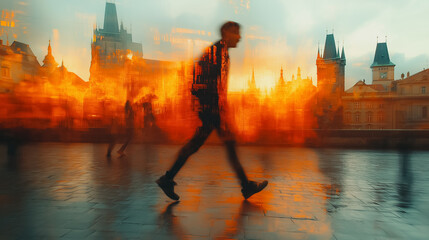 Wall Mural - A blurry image of a man walking in the rain with a city in the background. Scene is somewhat melancholic and contemplative