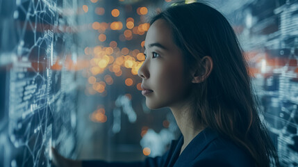 Poster - A woman is looking at a computer screen with a lot of lines and numbers. She is wearing a blue jacket and has long hair