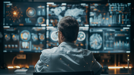 Poster - A man is sitting in front of a computer monitor with several screens displaying data. The man is focused on the screens, possibly analyzing the information or working on a project
