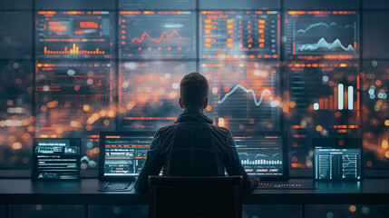 Poster - A man is sitting in front of a computer monitor with several graphs and charts on it. He is focused on the screen, possibly analyzing data or working on a project. Scene is serious and focused