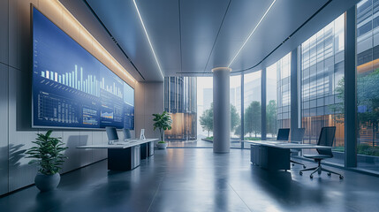 Sticker - A large monitor displays a graph of data. The room is empty except for a few chairs and a potted plant. The atmosphere is professional and focused