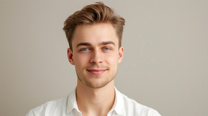 An elegant headshot of a confident young man presenter against a neutral background, highlighting his articulate expression and ability to connect with the audience