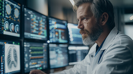 Poster - A man in a white lab coat is looking at a computer monitor with several screens displaying medical data
