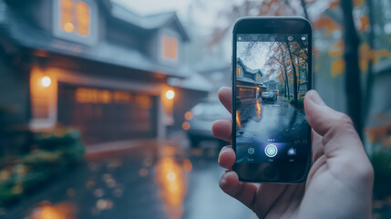 Wall Mural - a person is holding a cell phone and taking a picture of a rainy street. concept of melancholy and s