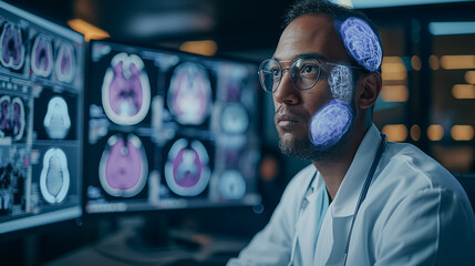 Poster - A man in a white lab coat is looking at a computer screen with a brain image. He is wearing glasses and he is focused on the screen. Concept of scientific curiosity