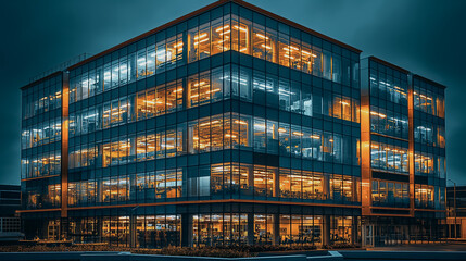 Poster - A large building with many windows and a lot of light inside. The building is lit up at night, giving it a bright and welcoming appearance