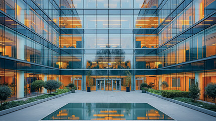 Poster - A large glass building with a courtyard in the middle. The courtyard has a large fountain in the center