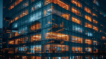Poster - A tall building with many windows and lights shining through them. The building is lit up at night, giving it a warm and inviting atmosphere