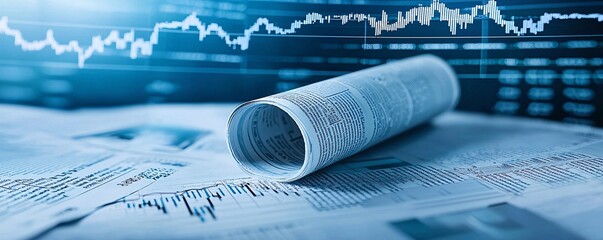 Poster - An editorial image capturing the fluctuating bond market with increasing interest rates, featuring a newspaper and a financial analyst, with a backdrop of stock market indices.