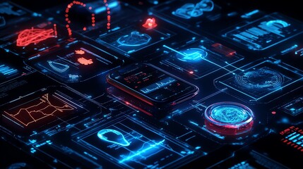 Fototapete - Futuristic Technology Interface with Smartphone and Holographic Displays.