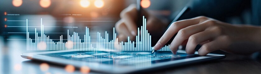 Poster - A close-up of a digital tablet displaying stock market data, with a person writing notes on dollar-cost averaging in the background. The image is designed to illustrate financial research and
