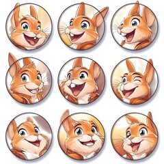 Wall Mural - A collection of cheerful cartoon rabbit expressions in circular frames.