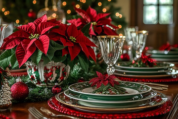 a beautifully set holiday table adorned with vibrant red and green decorations, showcasing poinsetti