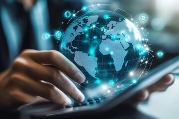 Poster - Hand interacting with a glowing digital globe.