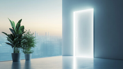 white glow transparent matt wall with one big plastic white clean open door, futuristic city view behind the door, future plants, technology light 