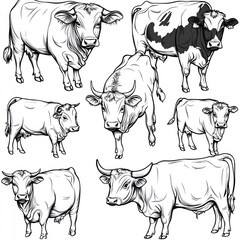 Poster - A collection of illustrated cows in various poses and sizes.