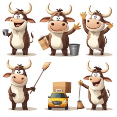 Sticker - A cheerful cartoon cow in various poses, engaging in activities like cleaning and holding items.