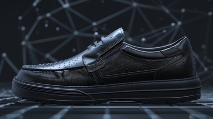 Black leather shoes in perspective isolated on dark background with Levitation Concept