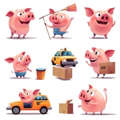 Sticker - A playful collage of cartoon pigs engaging in various activities.