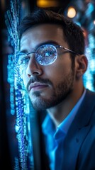 Fototapete - Man in Glasses Looking at Blue Light with Code.